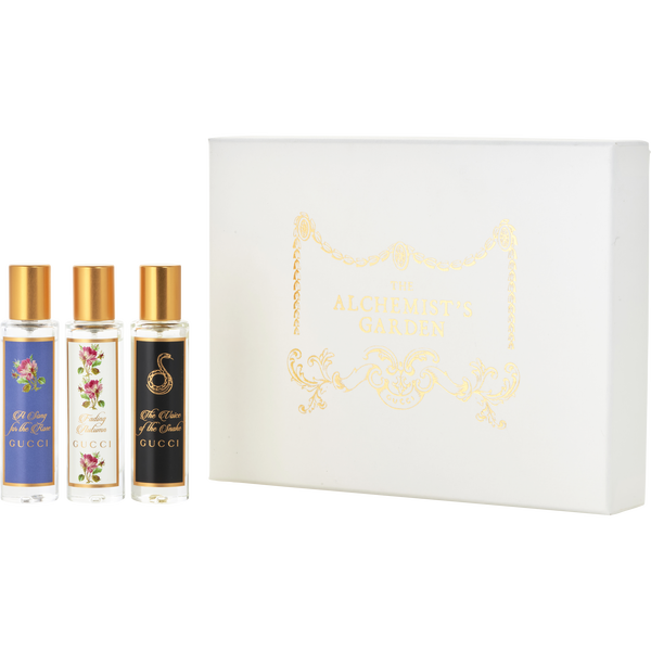 Gucci Variety by Gucci, 3 Piece Variety The Alchemist's Garden Festive Set With A Song For The Rose Eau De Parfum & The Voice Of The Snake Eau De Parfum & Acqua Profumata Fading Autumn Eau De Toilette And All Are Travel Spray 0.5 oz Minis, image 1 of 2