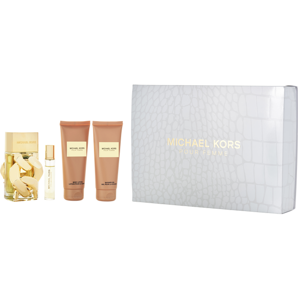 Michael Kors Pour Femme by Michael Kors, Eau De Parfum Spray 3.4 oz & Body Lotion 3.4 oz & Shower Gel 3.4 oz & Eau De Parfum Spray 0.34 oz Mini