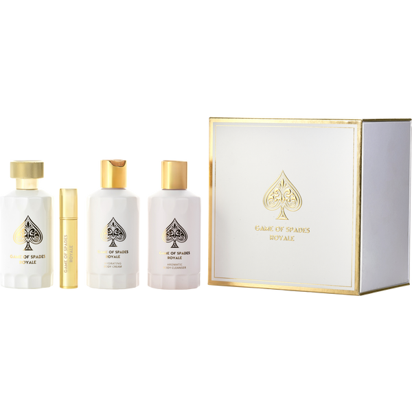 Jo Milano Game Of Spades Royale by Jo Milano, Parfum Spray 3.4 oz & Body Cleanser 6.8 oz & Body Cream 6.8 oz & Refillable Atomizer