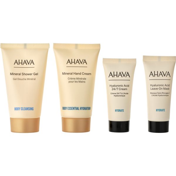 Ahava by Ahava, Dare To Glow Refresh & Hydrate Express: Mineral Hand Cream 40ml + Mineral Shower Gel 40ml + Hyaluronic Acid 24/7 Cream 15ml + Hyaluronic Acid Leave-On Mask 15ml --4pcs