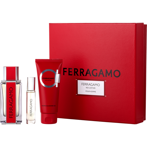 Ferragamo Red Leather by Salvatore Ferragamo, Eau De Parfum Spray 3.4 oz & Shower Gel 3.4 oz & Eau De Parfum Spray 0.34 oz Mini