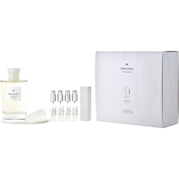 Mind Games Blockade by Mind Games, Extrait De Parfum Decanter 7.6 oz & 4x Refillable Spray Vials 0.25 oz & Atomizer Case
