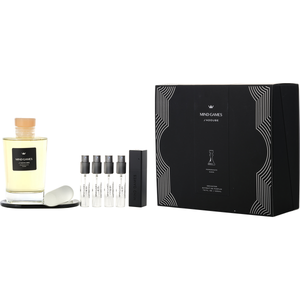 Mind Games J'Adoube by Mind Games, Extrait De Parfum Decanter 7.6 oz & 4x Refillable Spray Vials 0.25 oz & Atomizer Case