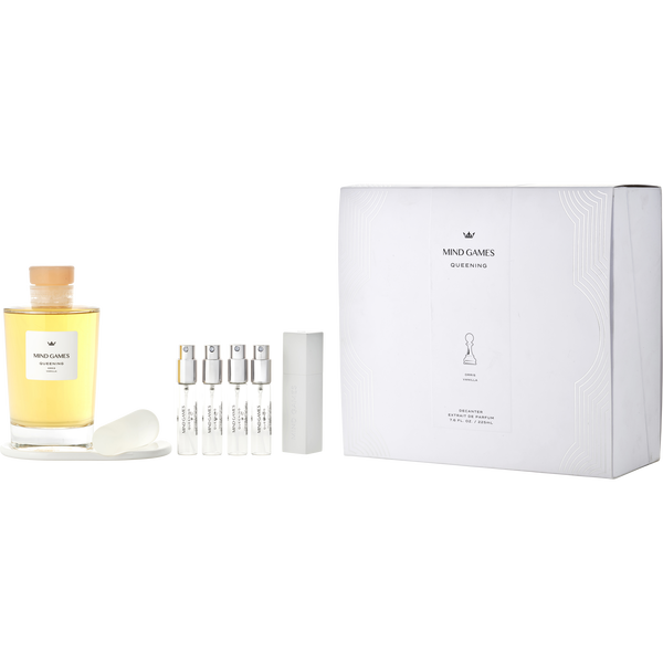 Mind Games Queening by Mind Games, Extrait De Parfum Decanter 7.6 oz & 4x Refillable Spray Vials 0.25 oz & Atomizer Case