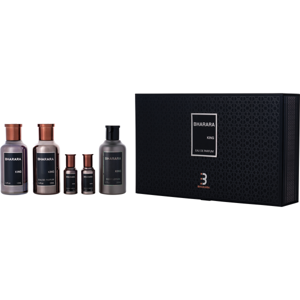Bharara King by Bharara, Eau De Parfum Spray 3.4 oz & After Shave 3.4 oz & Body Lotion 6.7 oz & Eau De Parfum Mini 0.34 oz Spray *2 ( 5 Pcs )