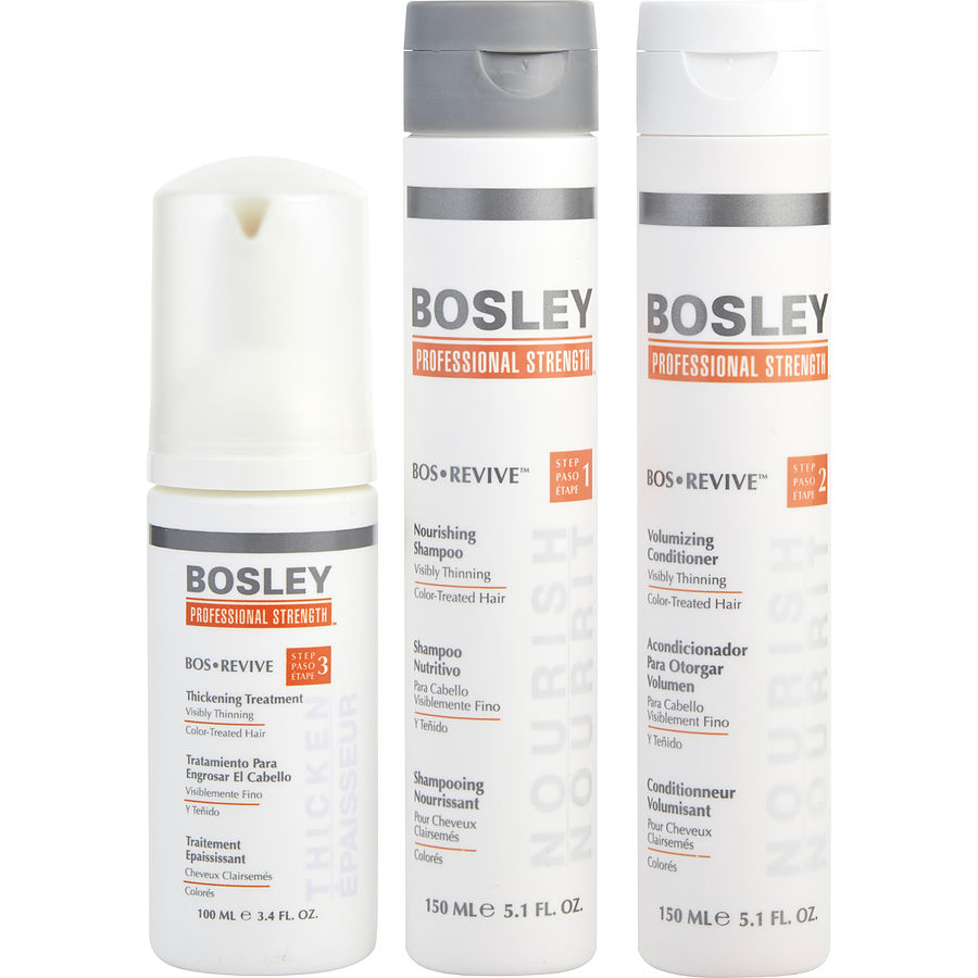Bosley 3 Piece - Bos Revive Nourishing Shampoo For Color Treated Hair 5.1 oz & Bos Revive Volumizing Conditioner For Color 5.1 oz & Revive Thickening Treatment For Color