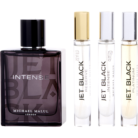 Michael Malul JET BLACK INTENSE Michael Malul Variety Eau de parfum spray 3.4 oz & Eau de parfum spray 0.34 oz MINI & JET BLACK PLATINUM Eau de parfum spray 0.34 oz MINI & JET BALCK RESERVE Eau de parfum spray 0.34 oz MINI for men