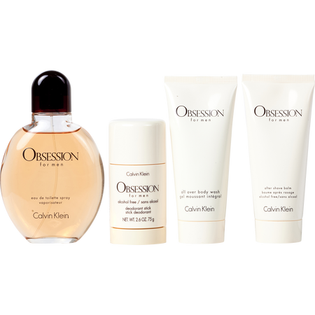 Calvin Klein Obsession EDT spray 4 oz & AFTERSHAVE BALM 3.4 oz & ALL OVER BODY WASH 3.4 oz & DEODORANT STICK ALCOHOL FREE 2.5 oz for men