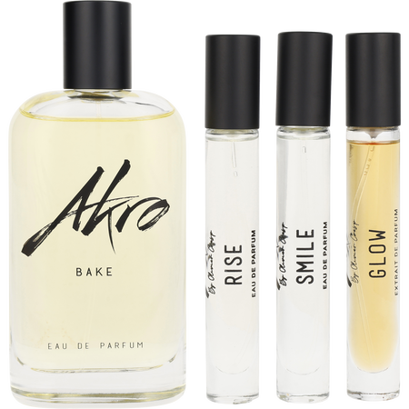 Akro Variety 4 PIECE HOLIDAY SET WITH BAKE Eau de parfum spray 3.4 oz & RISE & SMILE & GLOW Eau de parfum spray 0.34 oz EACH for unisex