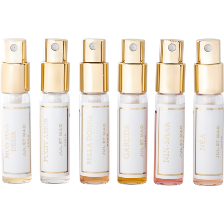 Jul Et Mad Variety by Jul Et Mad 6 PIECE DISCOVERY SET LES WHITE WITH BELLA DONNA & FUGIT AMOR & GARUDA & MON SEUL DESIR & NEA & NIN-SHAR AND ALL EXTRAIT DE PARFUM spray 0.24 oz MINIS for unisex