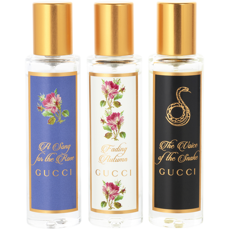 Gucci Variety 3 PIECE VARIETY THE ALCHEMIST'S GARDEN FESTIVE SET WITH A SONG FOR THE ROSE EDP & THE VOICE OF THE SNAKE EDP & ACQUA PROFUMATA FADING AUTUMN EDT AND ALL ARE TRAVEL spray 0.5 oz MINIS for unisex