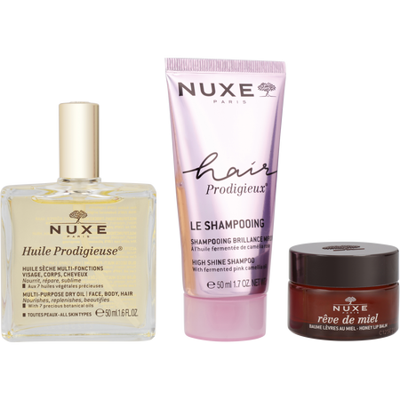 Nuxe by Nuxe Hair Prodigieux Set: Shine Shampoo 50ml + Reve de Miel Nourishing Lip Balm with Honey 15g + Huile Prodigieuse® 50ml -3pcs for women