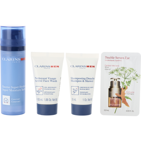 Clarins by Clarins Men Moisture Balm Set: Super Hydrating Balm 50ml + Active Face Wash 30ml + Shampoo and Shower 30ml + Double Serum Eye 0.9ml -4pcs for men