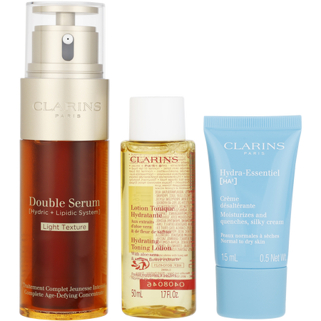 Clarins by Clarins Double Serum Light Collection Set: Double Serum Light Texture 50ml + Hydra essentiel [HA²] HydraQuench Cream - Normal to dry skin 15ml + Moisturizing Toner 50ml -3pcs + Bag for unisex