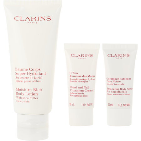 Clarins by Clarins Moisture-Rich Body Lotion Holiday Set: Moisture-Rich Body Lotion 200ml + Exfoliating Body Scrub 30ml + Hand & Nail Treatment Cream 30ml -3pcs + Bag for unisex