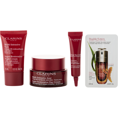 Clarins by Clarins Super Restorative Day Cream 50ml + Night Cream 15ml + Total Eye Lift 7ml + Double Serum 9ml -4pcs + White Bag for women