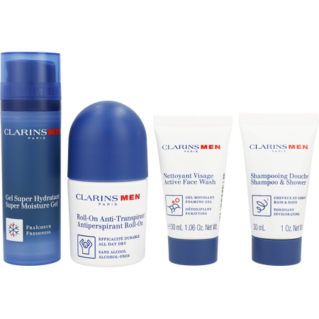 Clarins by Clarins Men Grooming Essentials Set: Super Moisture Gel 50ml + Deodorant Roll-on 50ml + Shampoo and Shower Gel 30ml + Active Face Wash 30ml -4pcs + Bag for men