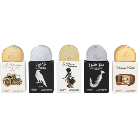 Lattafa Pride Variety by Lattafa COLLECTION #5 WITH ISHQ AL SHUYUKH SILVER & LA COLLECTION D'ANTIQUITIES 1910 & LA AFRICAN DRUMMER & SHAHEEN SILVER & VINTAGE RADIO AND ALL ARE Eau de parfum spray 0.65 oz for unisex