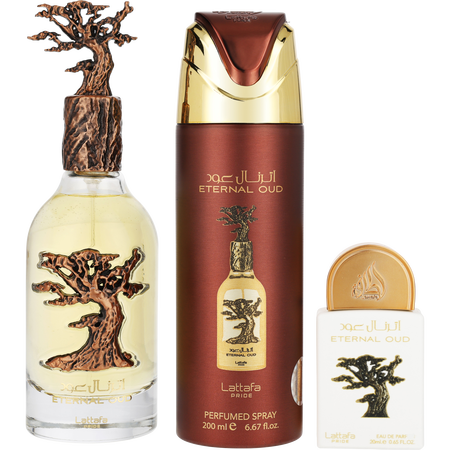 Lattafa Pride Eternal Oud Eau de parfum spray 3.4 oz & PERFUMED spray 6.67 oz & Eau de parfum spray 0.65 oz for unisex