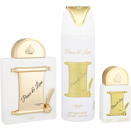 Lattafa Pride Peace & Love Eau de parfum spray 3.4 oz & PERFUMED spray 6.67 oz & Eau de parfum spray 0.65 oz for unisex