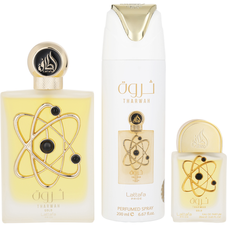 Lattafa Pride Tharwah Gold Eau de parfum spray 3.4 oz & PERFUMED spray 6.67 oz & Eau de parfum spray 0.65 oz for unisex