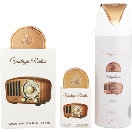 Lattafa Pride Vintage Radio Eau de parfum spray 3.4 oz & PERFUMED spray 6.67 oz & Eau de parfum spray 0.65 oz for unisex