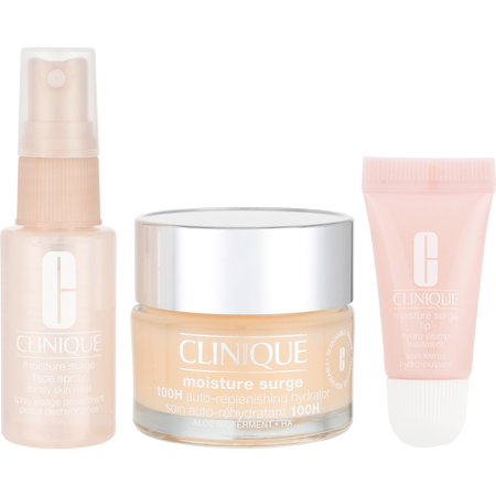 Clinique by Clinique Moisture Surge Megastars Set: Moisture Surge™ 100H Auto-Replenishing Hydrator 50ml + Moisture Surge™ Face Spray Thirsty Skin Relief 30ml + Moisture Surge™ Lip Hydro-Plump Treatment 7ml -3pcs for women