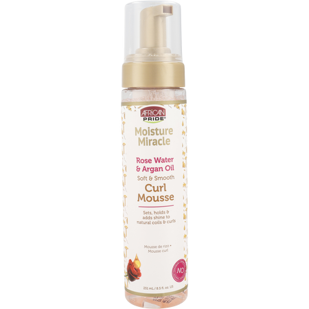 African Pride by AFRICAN PRIDE AFRICAN PRIDE MOISTURE MIRACLE ROSE WATER AND ARGAN OIL CURL HAIR MOUSSE FLEXIBLE HOLD 8.5 oz for unisex