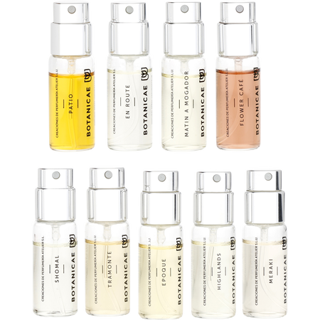 Botanicae Variety by Botanicae 9 PIECE DISCOVERY SET WITH EN ROUTE & EPOQUE & FLOWER CAFE & HIGHLANDS & MATIN A MOGADOR & PATIO & SHOMAL & TRAMONTE & MERAKI AND ALL ARE Eau de parfum spray 0.15 oz MINIS for unisex