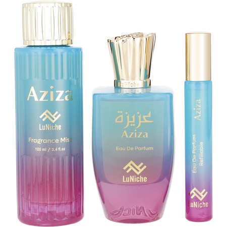 Luniche Aziza Eau de parfum spray 3.4 oz & FRAGRANCE MIST 3.4 oz & Eau de parfum spray 0.34 oz MINI for unisex