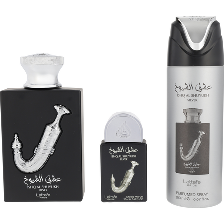 Lattafa Pride Ishq Al Shuyukh Silver Eau de parfum spray 3.4 oz & PERFUMED spray 6.67 oz & Eau de parfum spray 0.65 oz for unisex