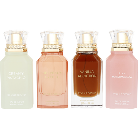 Gulf Orchid Variety by Gulf Orchid FLIRT EDITION WITH CREAMY PISTACHIO & HEAVENLY LYCHEE & PINK MARSHMALLOW & VANILLA ADDICTION AND ALL ARE Eau de parfum spray 1 oz for unisex