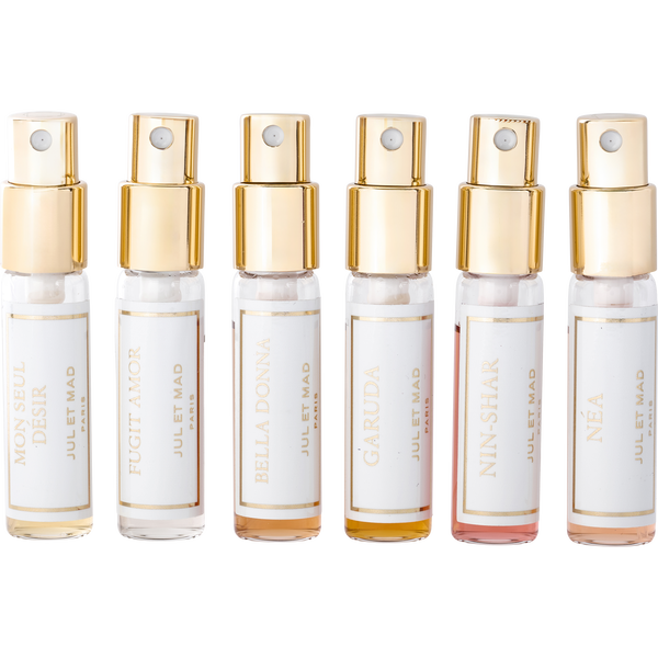 Jul Et Mad Variety by Jul Et Mad, 6 Piece Discovery Set Les White With Bella Donna & Fugit Amor & Garuda & Mon Seul Desir & Nea & Nin-Shar And All Extrait De Parfum Spray 0.24 oz Minis, image 2 of 2