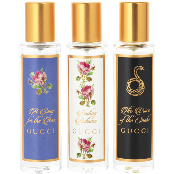 Gucci Variety by Gucci, 3 Piece Variety The Alchemist's Garden Festive Set With A Song For The Rose Eau De Parfum & The Voice Of The Snake Eau De Parfum & Acqua Profumata Fading Autumn Eau De Toilette And All Are Travel Spray 0.5 oz Minis, image 2 of 2