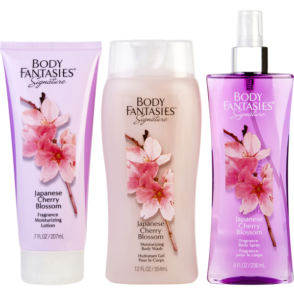 Body Fantasies Japanese Cherry Blossom by Body Fantasies, Body Spray 8 oz & Body Lotion 7 oz & Body Wash 12 oz