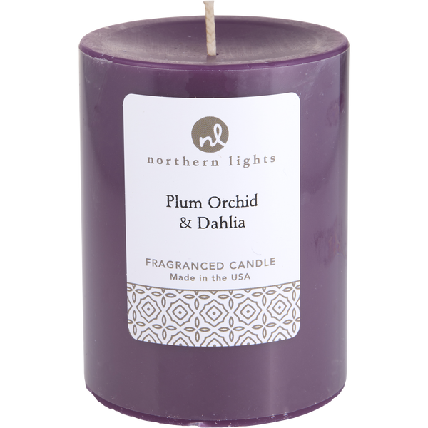 Plum Orchid & Dahlia by Northern Lights, One Pillar Candle. 3x4 Inch - Burns 80 Hours