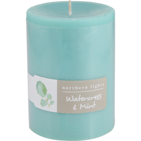 Watercress & Mint by Northern Lights, One Pillar Candle. 3x4 Inch - Burns 80 Hours