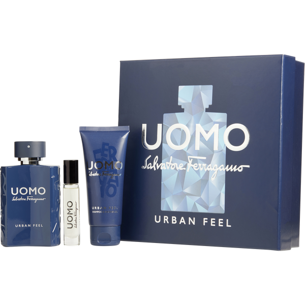 Salvatore Ferragamo Uomo Urban Feel by Salvatore Ferragamo, Eau De Toilette Spray 3.4 oz & Shower Gel 3.4 oz & Eau De Toilette Spray 0.34 oz Mini