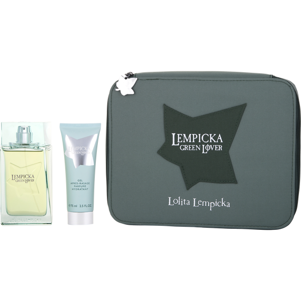 Lolita Lempicka Green Lover by Lolita Lempicka, Eau De Toilette Spray 3.4 oz & Aftershave Gel 2.5 oz & Toiletry Bag