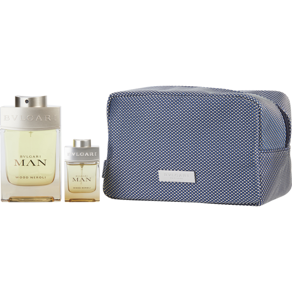 Bvlgari Man Wood Neroli by Bvlgari, Eau De Parfum Spray 3.4 oz & Eau De Parfum Spray 0.5 oz & Pouch