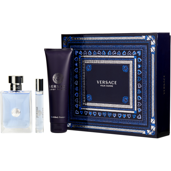 Versace Pour Homme by Gianni Versace, Eau De Toilette Spray 3.4 oz & Hair And Body Shampoo 5 oz & Eau De Toilette Spray 0.33 oz Mini