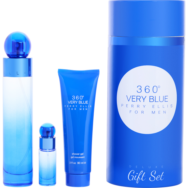 Perry Ellis 360 Very Blue by Perry Ellis, Eau De Toilette Spray 3.4 oz & Shower Gel 3 oz & Eau De Toilette Spray 0.25 oz Mini