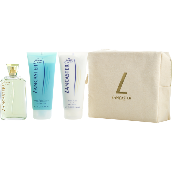 Eau De Lancaster by Lancaster, Eau De Toilette Spray 4.2 oz & Body Milk 6.7 oz & Shower Gel 6.7 oz & Tote