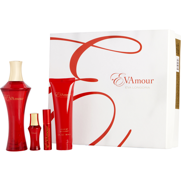 Evamour by Eva Longoria, Eau De Parfum Spray 3.4 oz & Shower Gel 3 oz & Eau De Parfum Rollerball 0.25 oz & Eau De Parfum Spray 0.25 oz Mini