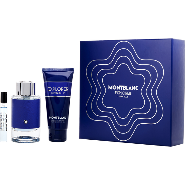 Mont Blanc Explorer Ultra Blue by Mont Blanc, Eau De Parfum Spray 3.3 oz & Shower Gel 3.3 oz & Eau De Parfum Spray 0.25 oz Mini