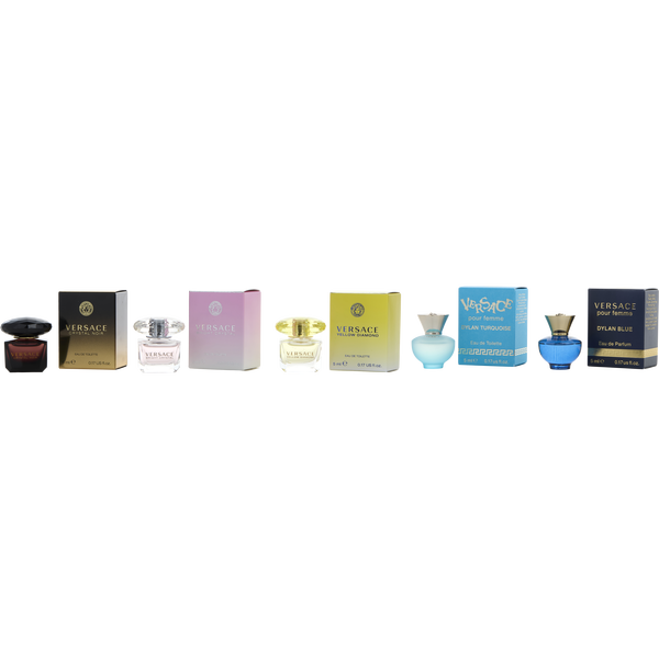 Versace Variety by Gianni Versace, 5 Piece Womens Mini Variety With Crystal Noir Eau De Toilette & Bright Crystal Eau De Toilette & Yellow Diamond Eau De Toilette & Dylan Turquoise Eau De Toilette & Dylan Blue Eau De Parfum And All Are 0.17 oz Minis
