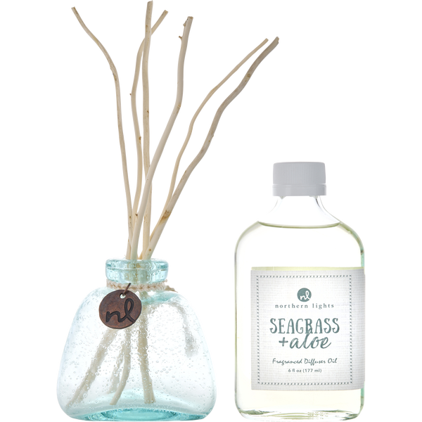 Seagrass & Aloe by Northern Lights, Fragrance Diffuser Oil 6 oz & 6x Willow Reeds & Diffuser Bottle