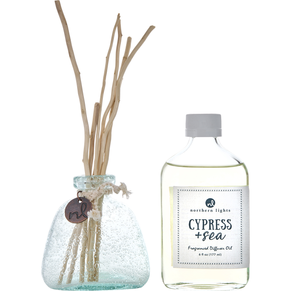 Cypress & Sea by Northern Lights, Fragrance Diffuser Oil 6 oz & 6x Willow Reeds & Diffuser Bottle