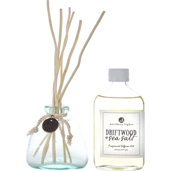 Driftwood & Sea Salt by Northern Lights, Fragrance Diffuser Oil 6 oz & 6x Willow Reeds & Diffuser Bottle