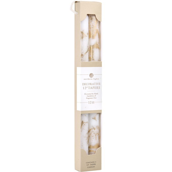 Pure White With Gold by Northern Lights, 12" Decorative Tapers (2 Pack)